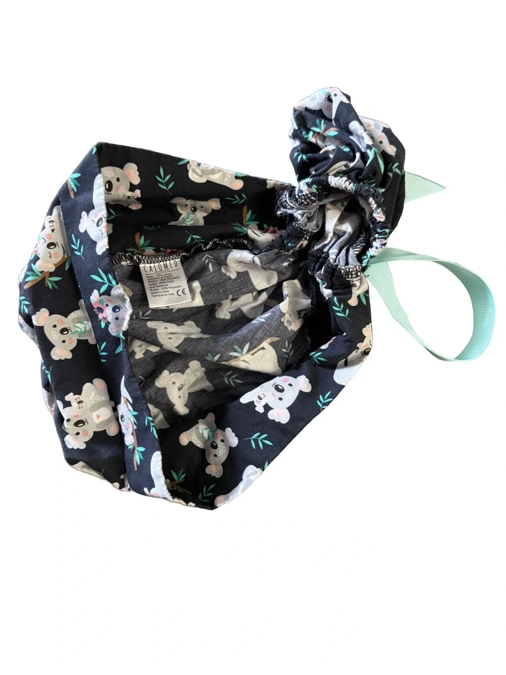 Women’s Black Koala Print Scrub Cap with Turquoise Ribbon Ties